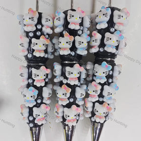 pre‑assembled pink‑bow white cartoon cat 3D figurine beadable pens, sleek black base decorated with faux pearls, cute kawaii‑style craft ballpoint pens bulk