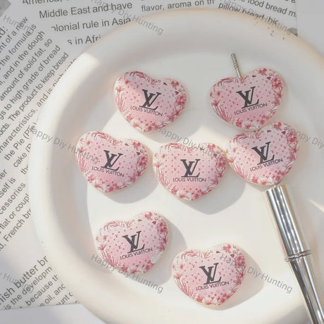 Soft Pink Gradient Scattered Floral Print Flat Heart Acrylic Focal Beads, Double Sided Decorative Acrylic Beads For DIY Beadable Pen Keychain Bracelet Handmade Craft Supplies