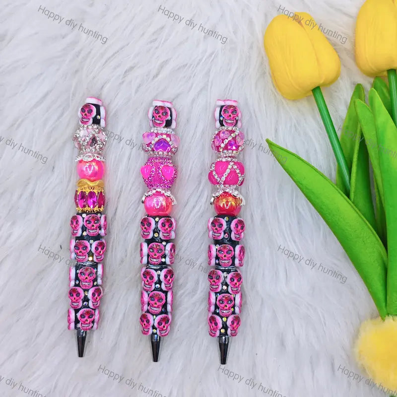 Pink Floral Sugar Skull Beadable Pens Wholesale, Beadable Pens Supplies2