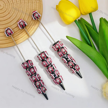 Pink hair spooky doll character beadable pen, creepy cute DIY craft stationery supplies