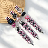 Pink hair spooky doll character beadable pen, creepy cute DIY craft stationery supplies