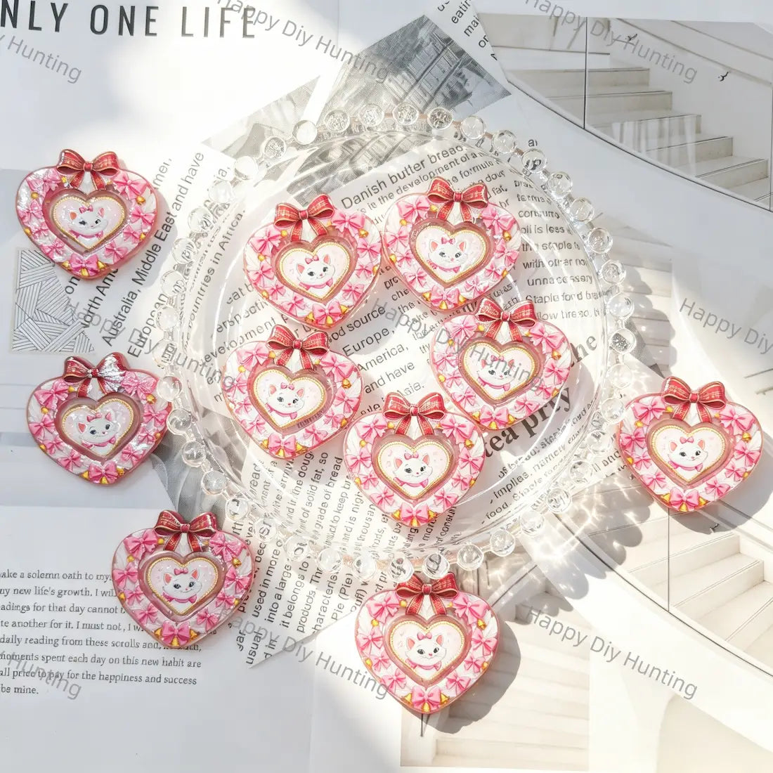 pink heart bow cute kitten graphic acrylic focal beads for diy beadable pen craft wholesale
