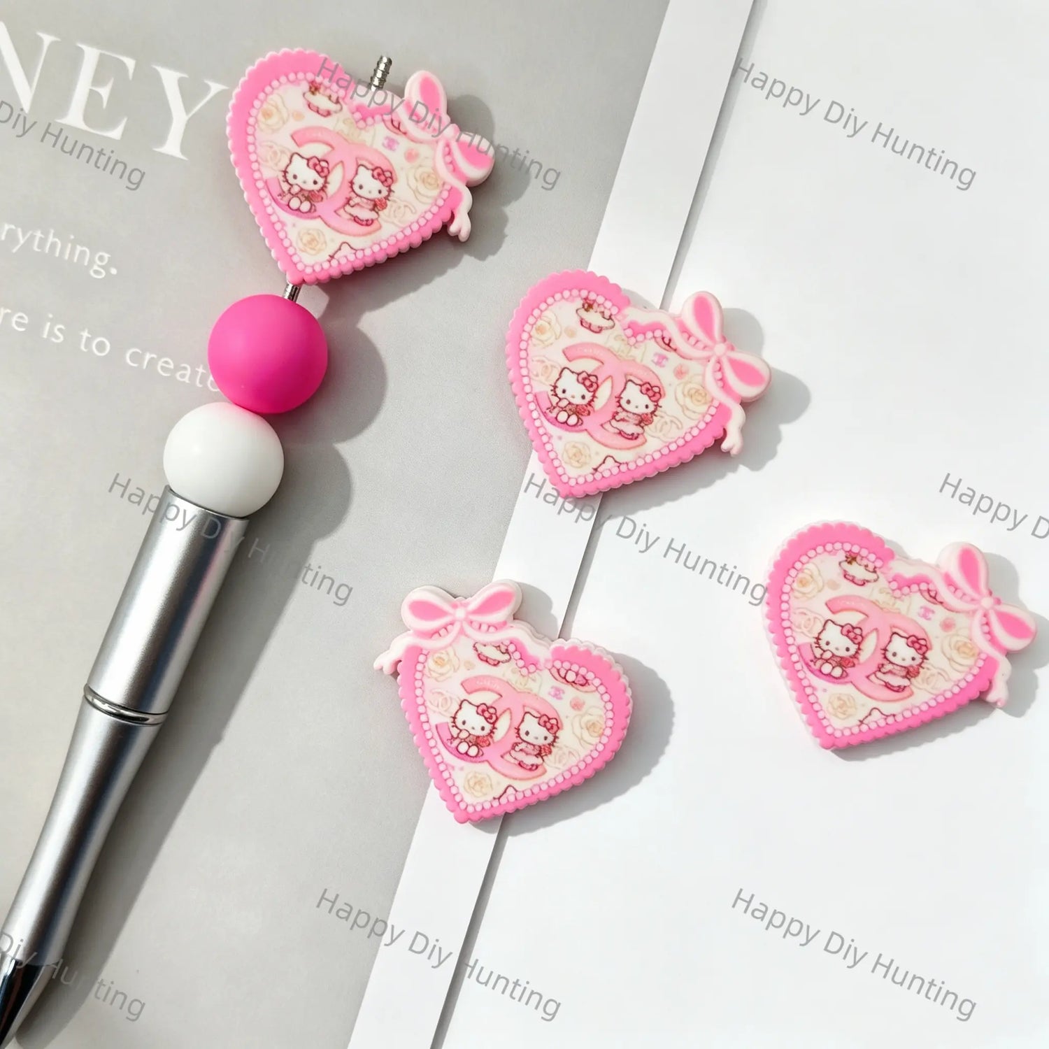 Pink Hello Kitty CHANEL Print Heart Cartoon Silicone Focal Beads For DIY Beadable Pens