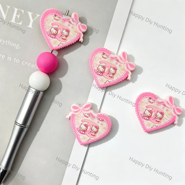 Pink Hello Kitty CHANEL Print Heart Cartoon Silicone Focal Beads For DIY Beadable Pens