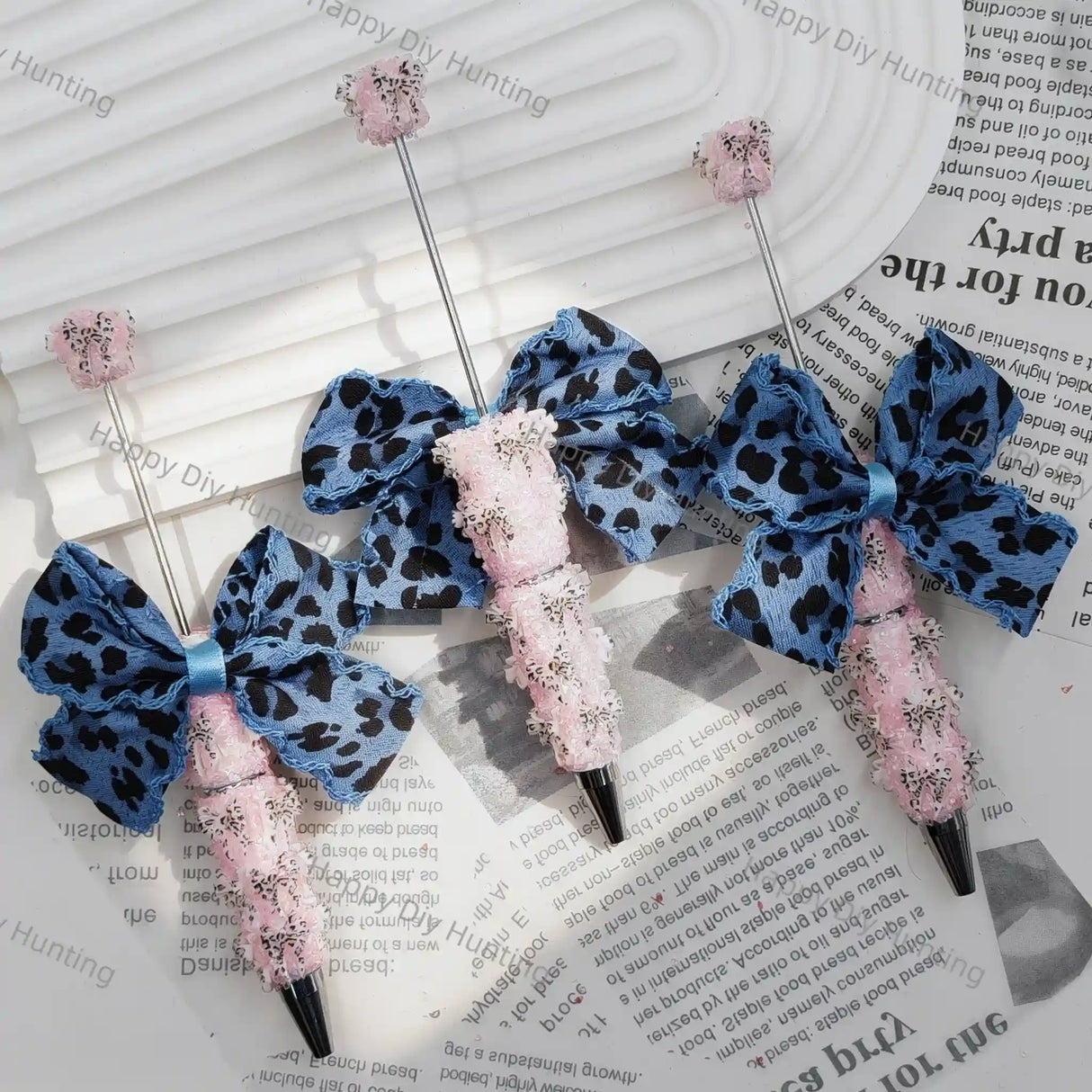 Pink Lace Blue Leopard Bow Beadable Pen Blanks for DIY custom bead crafts