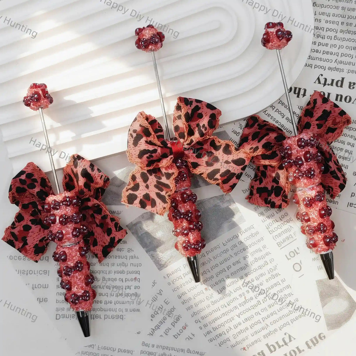 Pink Leopard Bow Burgundy Bead Beadable Pen Blanks for DIY custom bead crafts