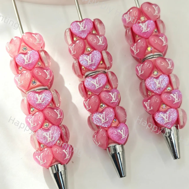 Pink Luxury LV Print Heart Beadable Pens Wholesale, Matches All Focal Beads & Pen Toppers