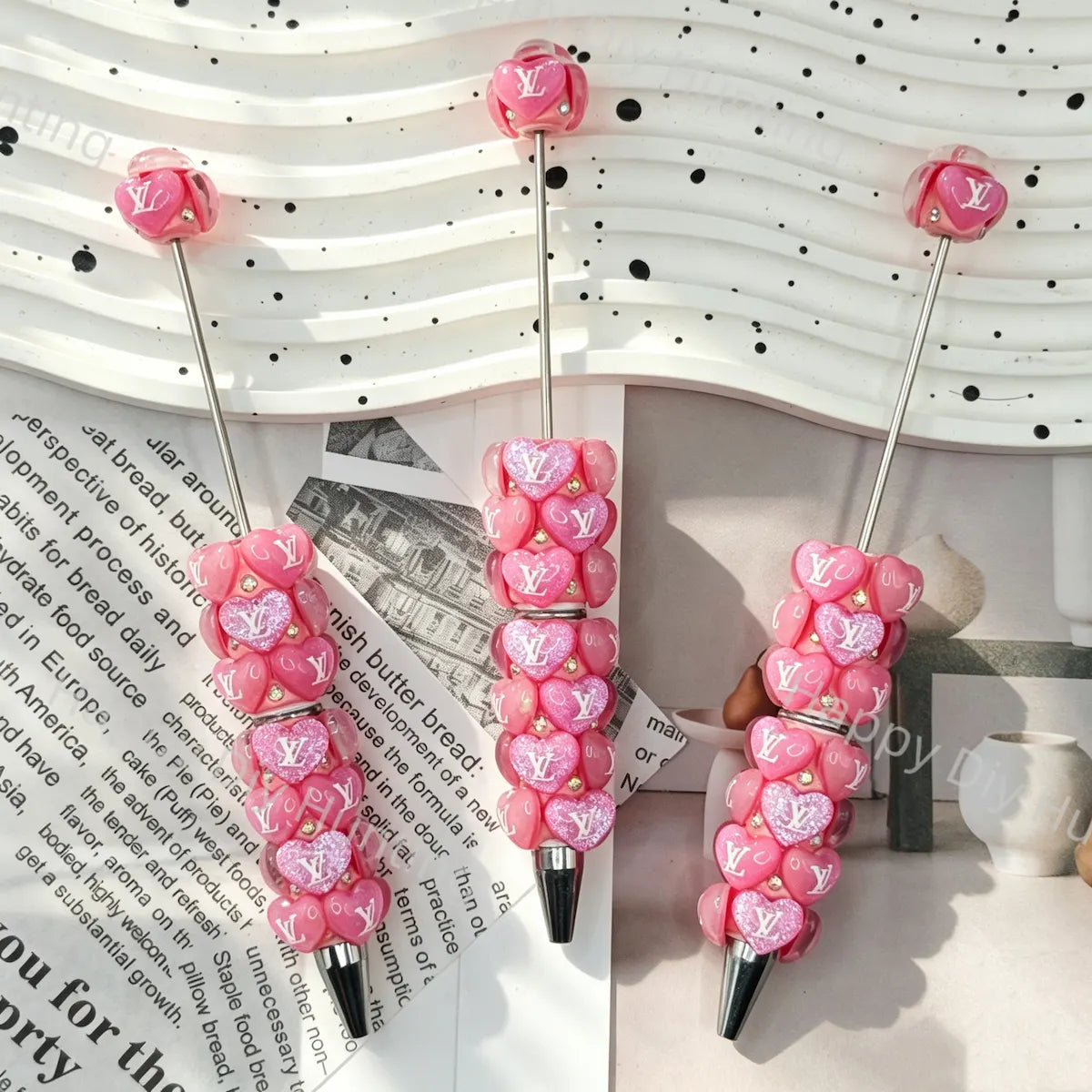 Pink Luxury LV Print Heart Beadable Pens Wholesale, Matches All Focal Beads & Pen Toppers