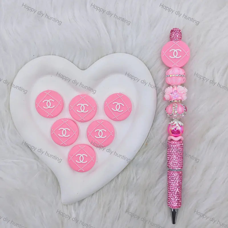 Pink Round CC Pattern Silicone Focal Beads, Wholesale Silicone Focal Beads for Pens2