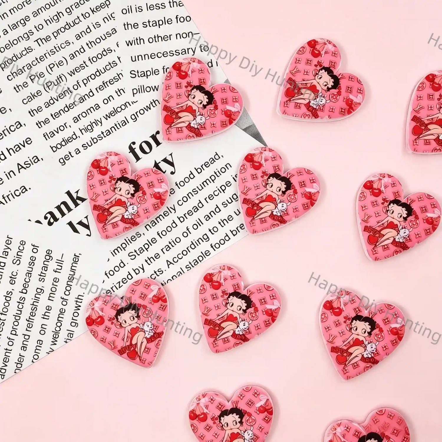 Pink Vintage Cartoon Cherry Print Heart Silicone Focal Beads, large hole decorative beads for DIY beadable pen, 