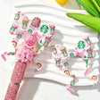 Bow-shaped silicone focal beads featuring a pink coffee cup print design. Soft, durable, and flexible, perfect for beadable pens, keychains, and handmade crafts.