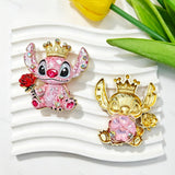 Pink crown alien metal fancy bead with rhinestones shown from the front and back. The front features a colorful faceted alien design holding a rose, while the back shows a gold metal finish. Perfect for DIY beadable pens and crafts.