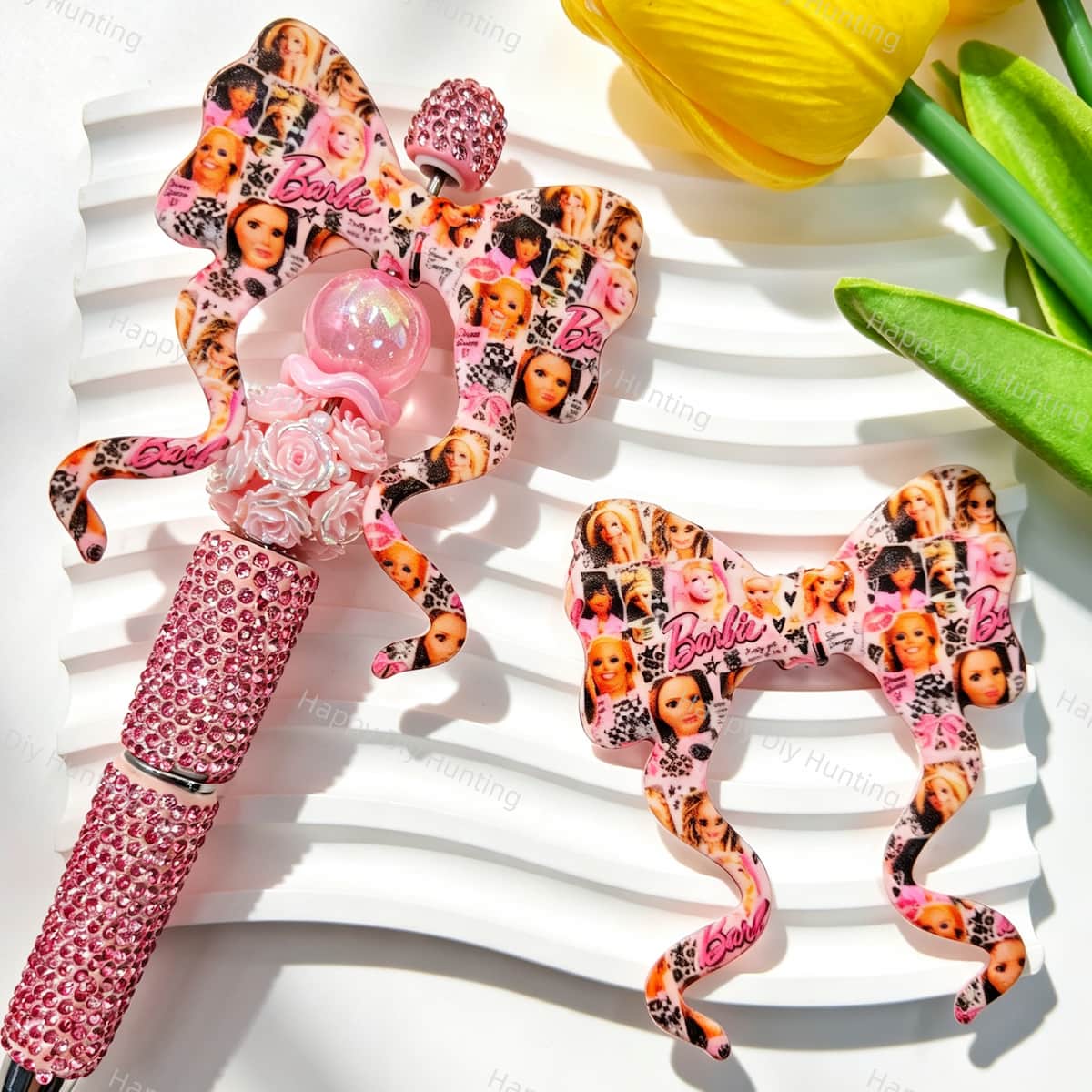 Silicone bow beads featuring a pink fashion doll character print design. Soft, durable, and flexible, perfect for beadable pens, keychains, and handmade crafts.