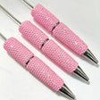 Three pink rhinestone beadable pens displayed on a white surface. Each pen features a pink rhinestone-encrusted barrel and a silver metal tip. Perfect for DIY beadable pen projects, custom crafts, and handmade gifts.
