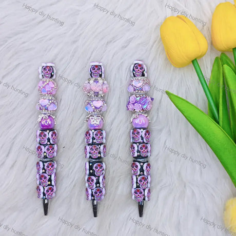Purple Floral Sugar Skull Beadable Pens Wholesale, Beadable Pens Supplies2