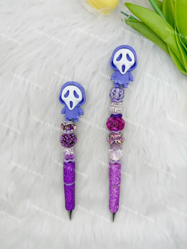 3D purple ghost face pen topper matched with focal beads for custom beadable pen handmade projects