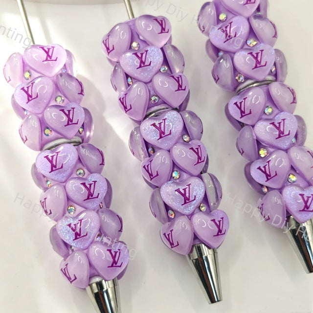 Purple Luxury LV Print Heart Beadable Pens Wholesale, Matches All Focal Beads & Pen Toppers