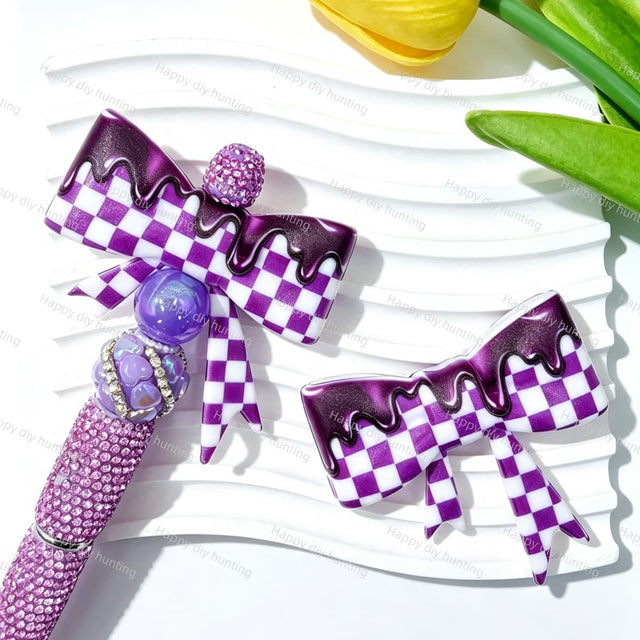 Purple checkered drip print silicone bow beads, large-hole food-grade silicone focal charms for DIY beadable pen craft