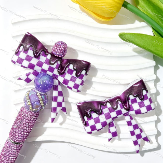 Purple checkered drip print silicone bow beads, large-hole food-grade silicone focal charms for DIY beadable pen craft