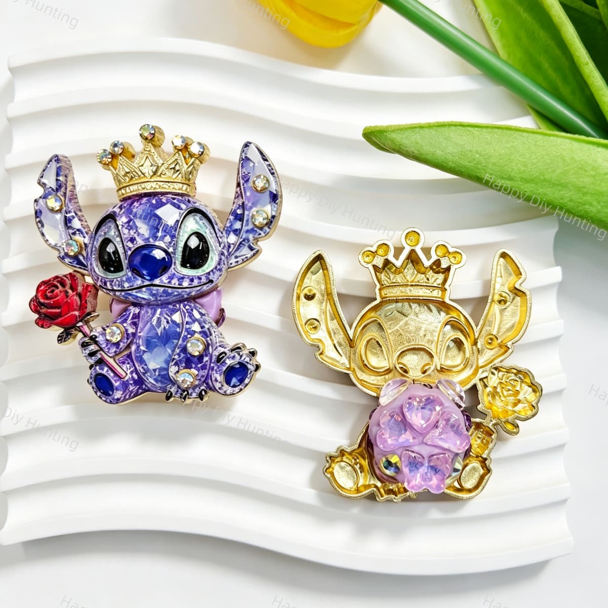 Purple crown alien metal fancy bead with rhinestones shown from the front and back. The front features a colorful faceted alien design holding a rose, while the back shows a gold metal finish. Perfect for DIY beadable pens and crafts.