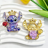 Purple crown alien metal fancy bead with rhinestones shown from the front and back. The front features a colorful faceted alien design holding a rose, while the back shows a gold metal finish. Perfect for DIY beadable pens and crafts.