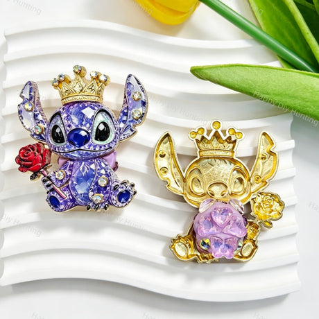 Purple crown alien metal fancy bead with rhinestones shown from the front and back. The front features a colorful faceted alien design holding a rose, while the back shows a gold metal finish. Perfect for DIY beadable pens and crafts.