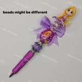 Long hair Rapunzel princess pre-made bead pen, purple satin bow, iridescent focal beads, full rhinestone covered glitter pen barrel