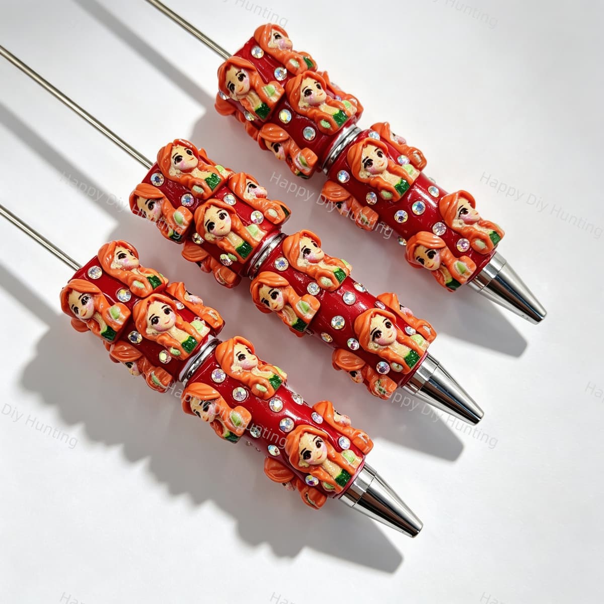 Red-haired mermaid cartoon princess character beadable pens. Refillable and customizable, matching all focal beads and pen toppers. Perfect for DIY crafts and handmade gifts.