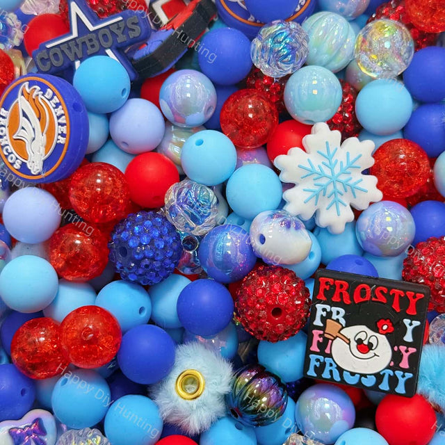 Red & Blue Silicone & Acrylic bead mix closeup, mixed focal beads for diy beadable pens