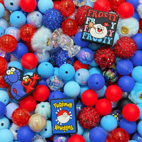 Red & Blue Silicone & Acrylic bead mix closeup, mixed focal beads for diy beadable pens