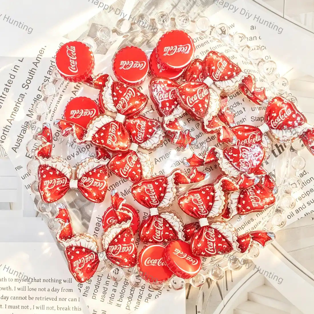 bright red bow and round soda cap graphic acrylic focal beads for diy beadable pen craft wholesale