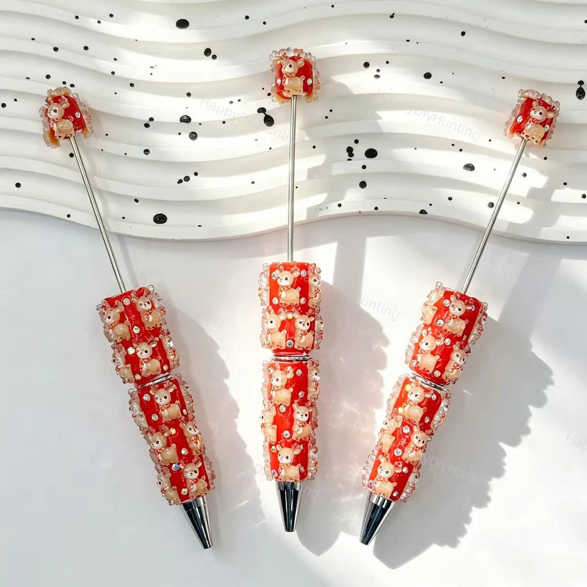 Red Christmas deer print beadable pens for DIY beadable pen craft projects