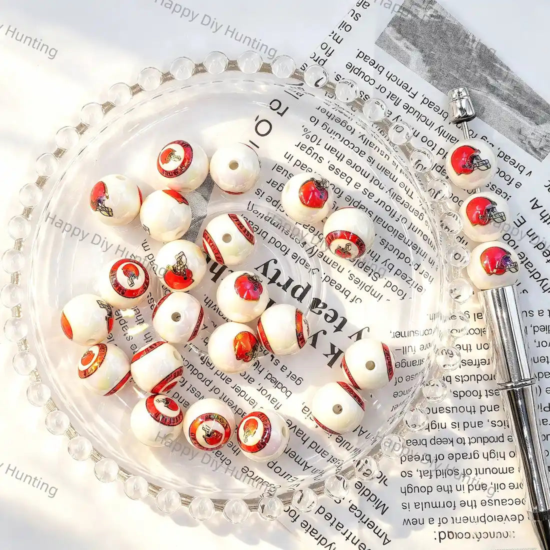 Pearlescent White Red Football Helmet Graphic Print Large Hole Acrylic Beads For DIY Beadable Pen Craft Wholesale
