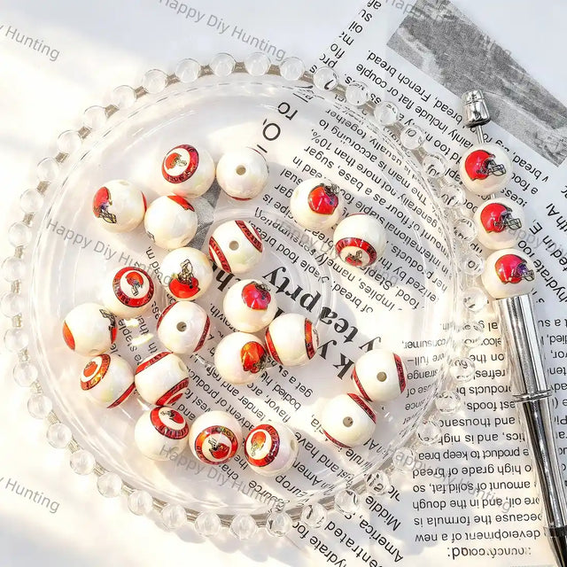 Pearlescent White Red Football Helmet Graphic Print Large Hole Acrylic Beads For DIY Beadable Pen Craft Wholesale