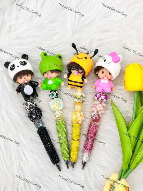 Cute Animal Costume Doll Pen Topper Mounted on Complete Beadable Pen for Handmade Craft Showcase
