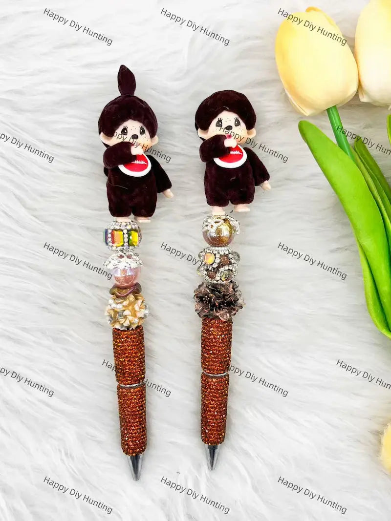 Cute Fluffy Retro Doll Pen Topper Mounted on Complete Beadable Pen for Handmade Craft Showcase