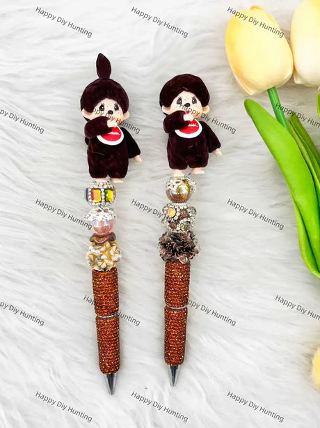 Cute Fluffy Retro Doll Pen Topper Mounted on Complete Beadable Pen for Handmade Craft Showcase