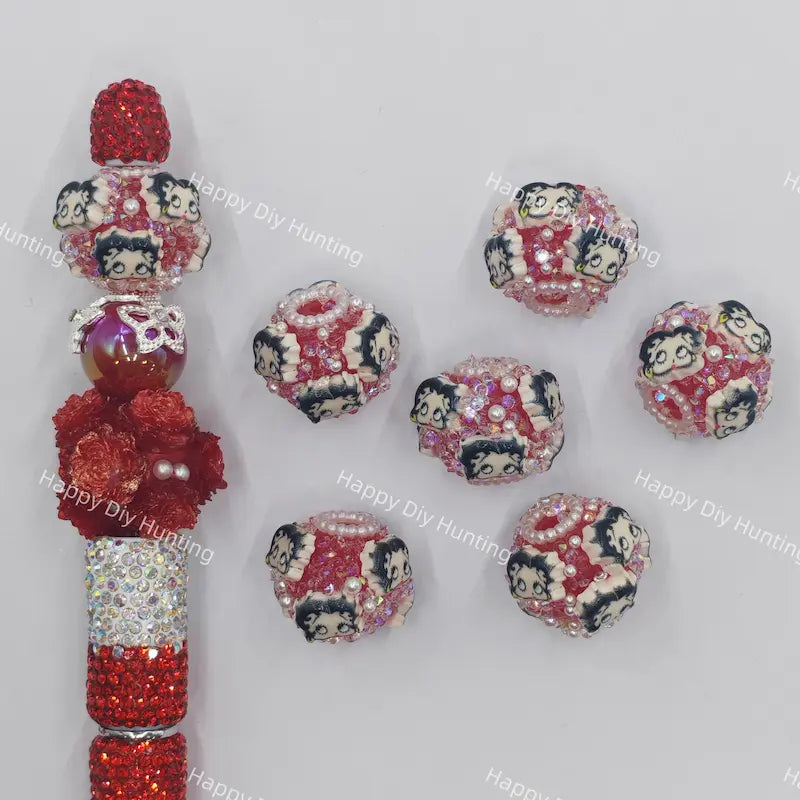 Retro Pinup Lady Face Rhinestone Pearl Clay Beads Bulk for DIY Beadable Pens Betty Boo