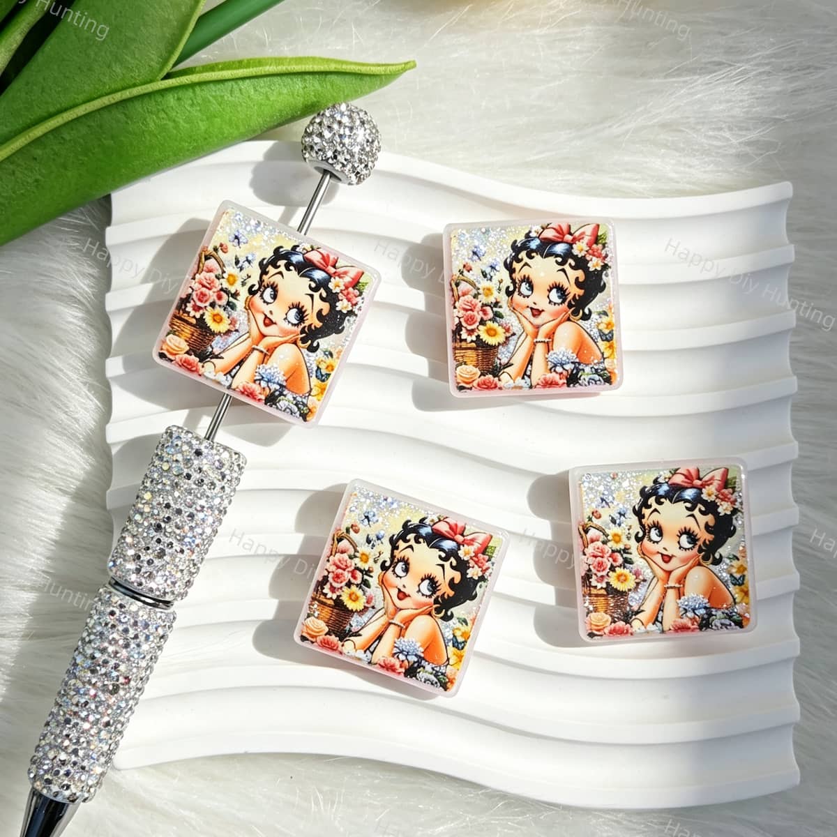 Square-shaped silicone focal beads featuring a retro vintage girl holding a flower basket. Soft, durable, and flexible, perfect for beadable pens, keychains, and handmade crafts.