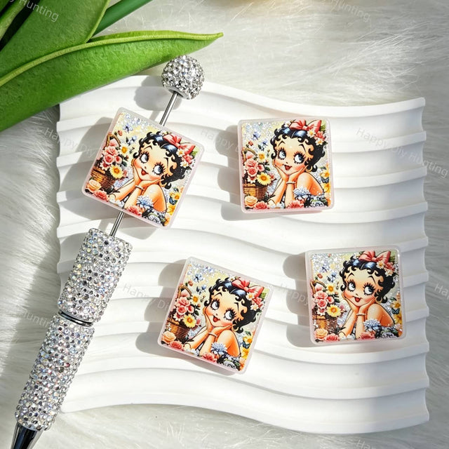 Square-shaped silicone focal beads featuring a retro vintage girl holding a flower basket. Soft, durable, and flexible, perfect for beadable pens, keychains, and handmade crafts.