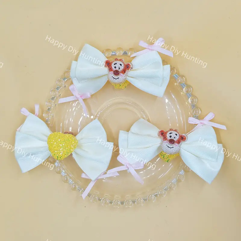 Rhinestone tiger heart acrylic satin bow hair clips for girls hairstyling