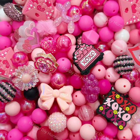 Romantic pink Silicone & Acrylic bead mix closeup, heart & bow themed mixed bead set for diy beadable pens