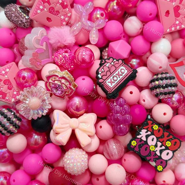 Romantic pink Silicone & Acrylic bead mix closeup, heart & bow themed mixed bead set for diy beadable pens