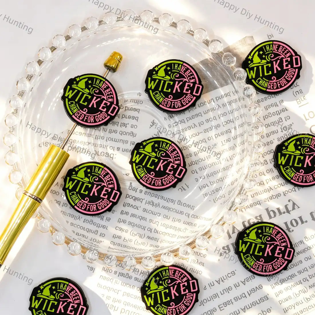 round black base pink green witch hat print silicone focal beads large hole beads for diy beadable pen handmade craft wholesale