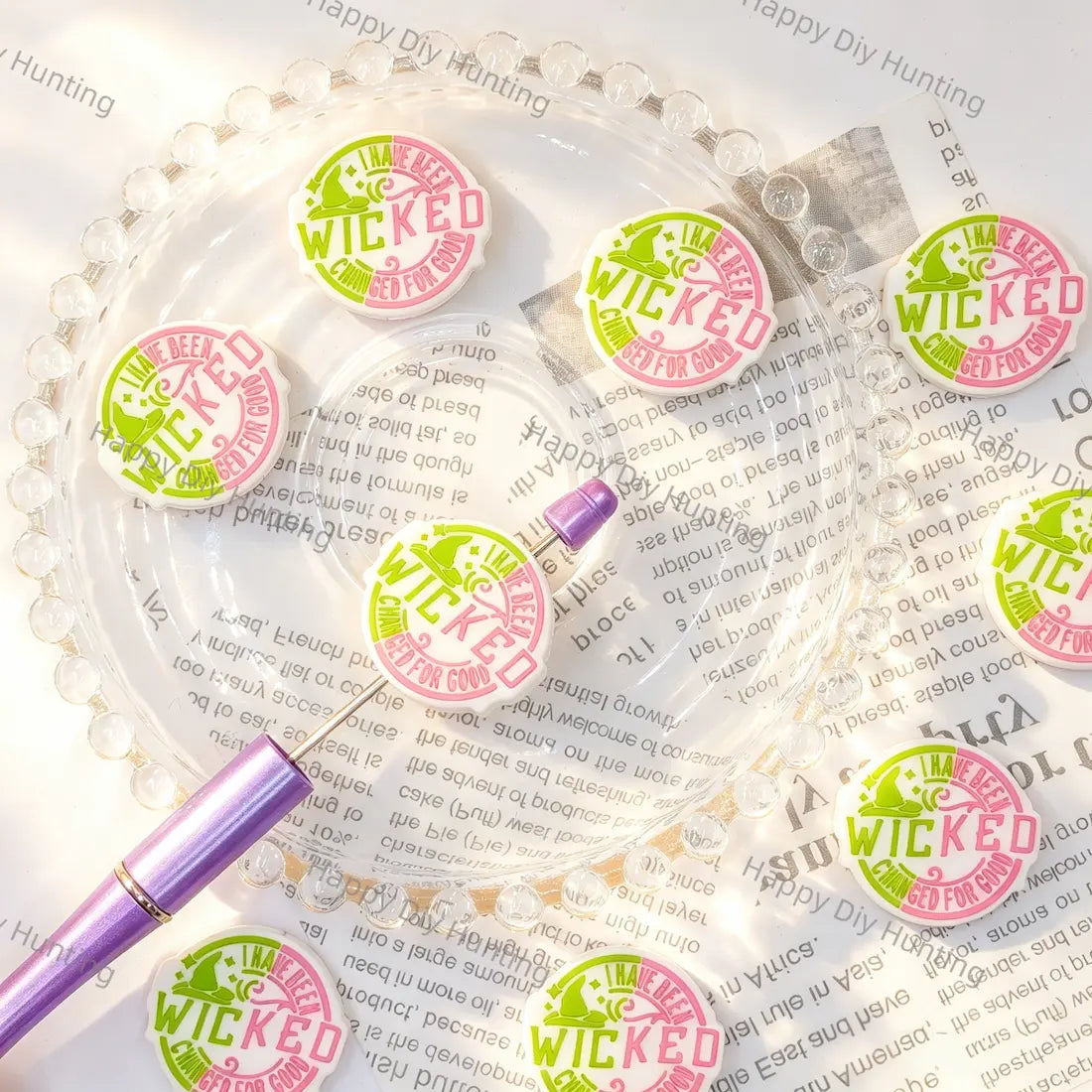 round pink green witch hat print silicone focal beads large hole beads for diy beadable pen handmade craft wholesale
