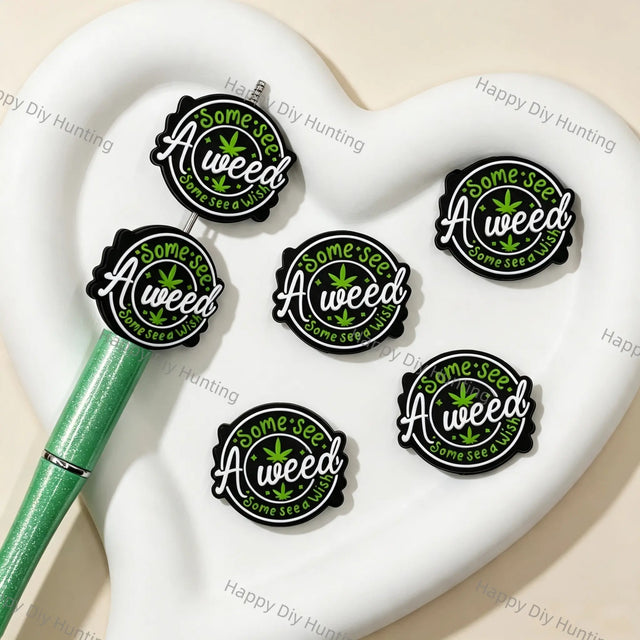 Black Round Tropical Leaf Slogan Silicone Focal Bead for Beadable Pen DIY Craft