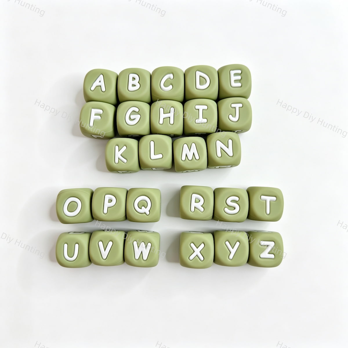 Sage green square alphabet letter beads featuring white letters A to Z. Smooth, lightweight, and easy to thread, perfect for beadable pens, bracelets, keychains, and personalized handmade crafts.