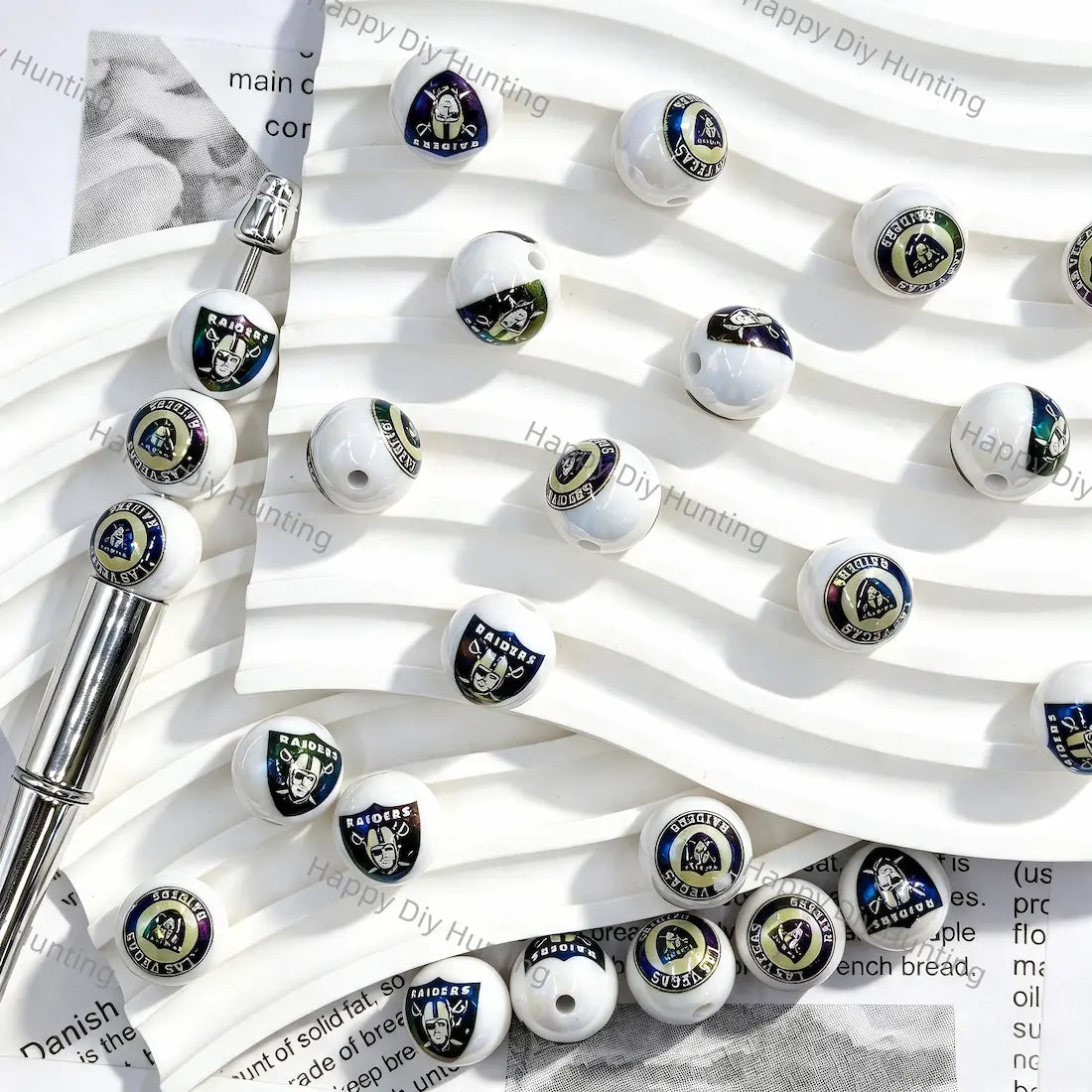 Glossy White Silver Black Helmet Football Graphic Print Large Hole Acrylic Beads For DIY Beadable Pen Craft Wholesale