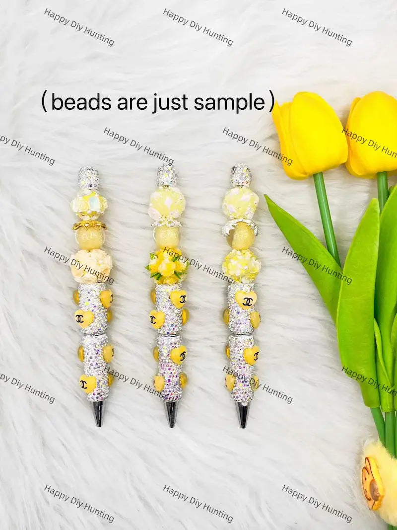 Silver Yellow Heart Rhinestone Pen Assembled Into Complete Beadable Pen for Handmade Craft Showcase