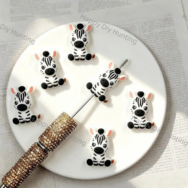 Sitting Cartoon Zebra Silicone Focal Beads, large hole safari animal beads for DIY beadable pen,